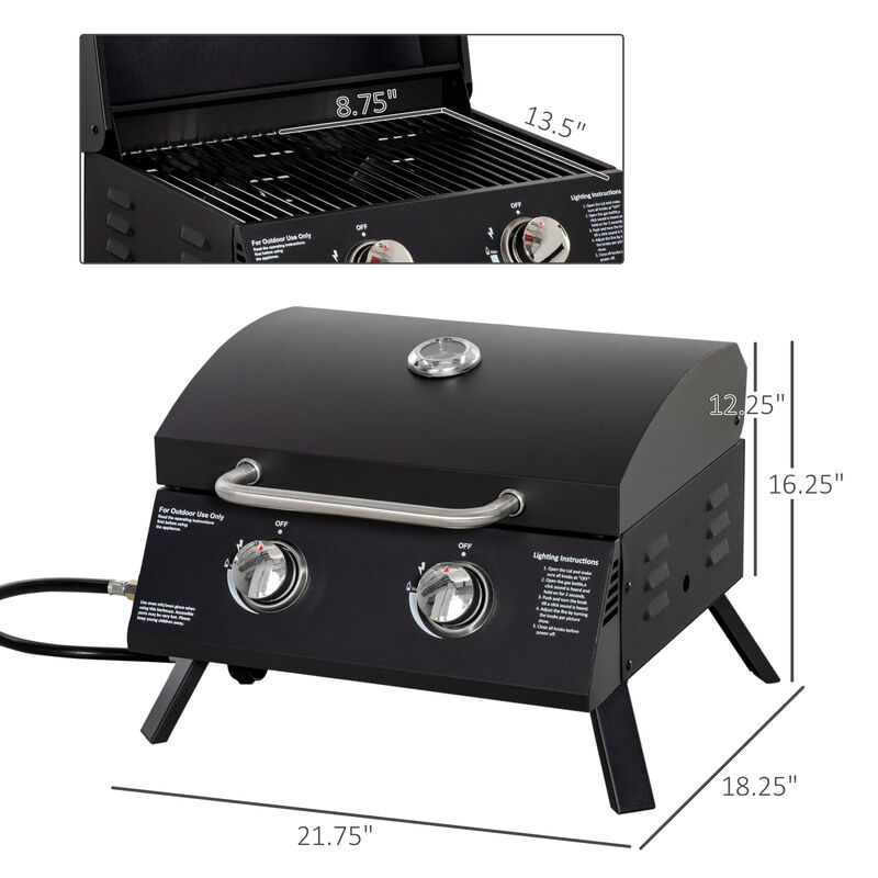 Outsunny 2 Burner Propane Gas Grill Outdoor Portable Tabletop BBQ with Foldable Legs, Lid, Thermometer for Camping, Picnic, Backyard, Black