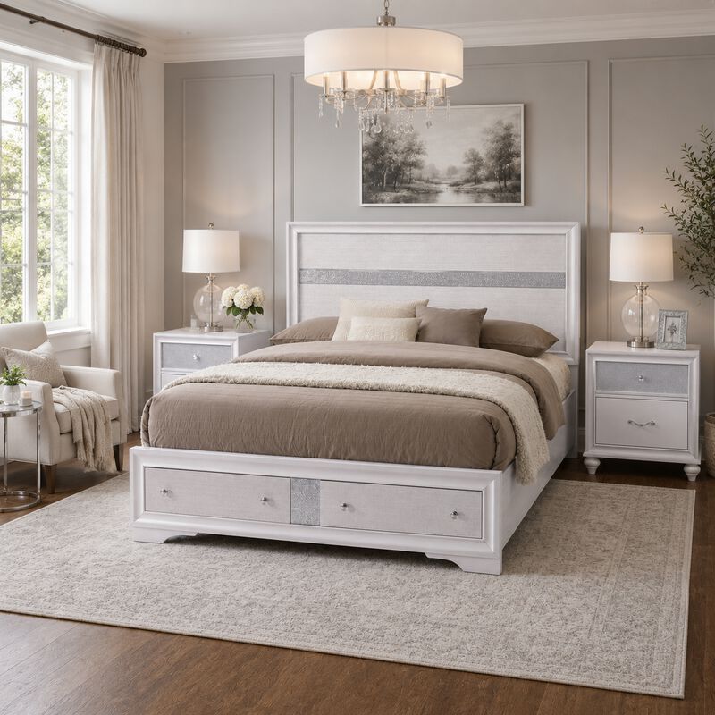 King Bedroom Set, White Wood, 3 Piece Set with 2 Nightstands image number 1
