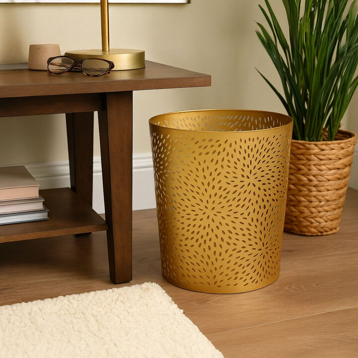 Josi 10 Inch Wastebasket Trash Can, Detailed Leaf Etching, Matte Gold Finish