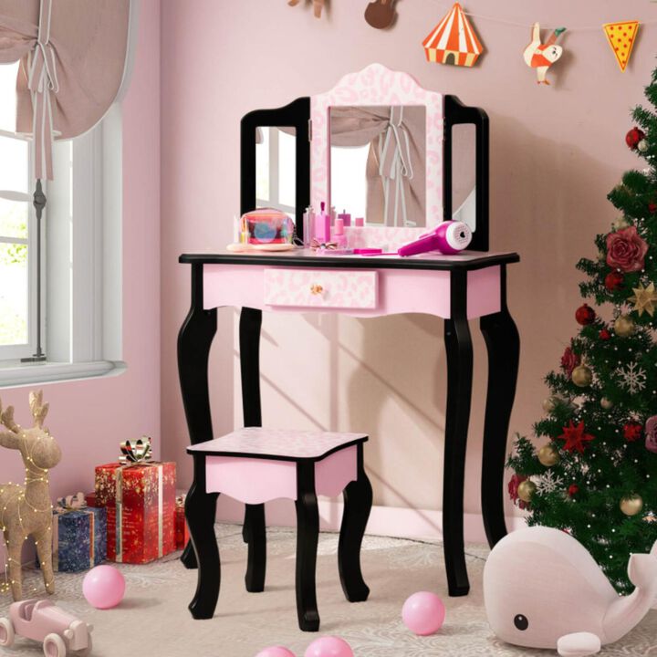 Hivvago Kid Vanity Set with Tri-Folding Mirror and Leopard Print-Pink