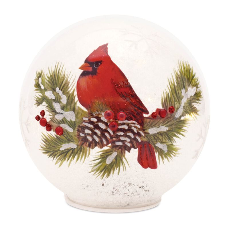 Set of 2 LED Lighted Cardinal Pine Globes – Winter Snow Globe Decor with Birds and Pine for Christmas Centerpieces or Shelf Styling