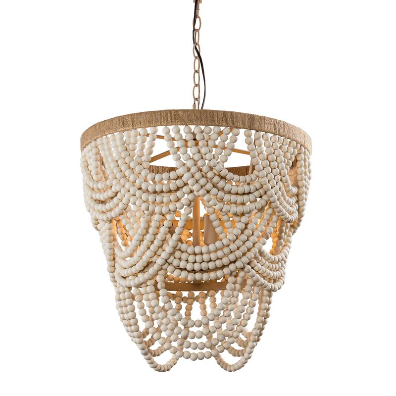 4-Light Bohemian Natural Wood Beaded 3 Tiered Chandelier