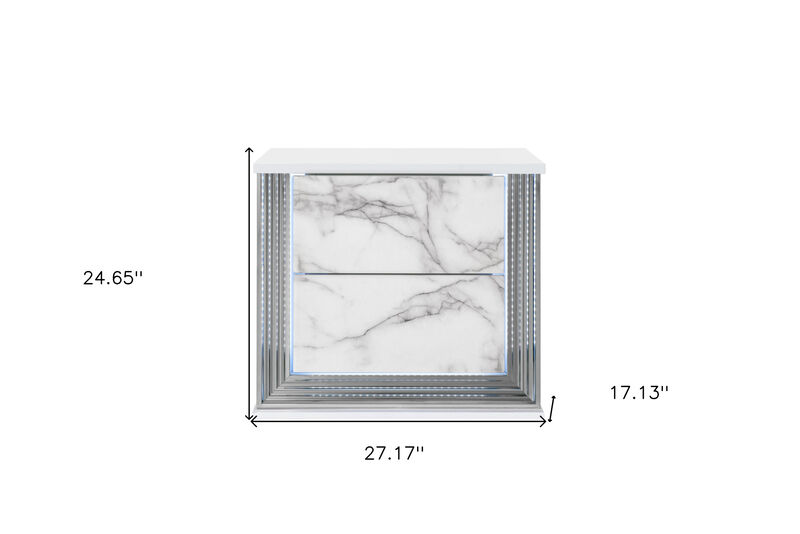 Minimalist Two Drawer Nightstand – Wood & Faux Marble Bedside Table with Light