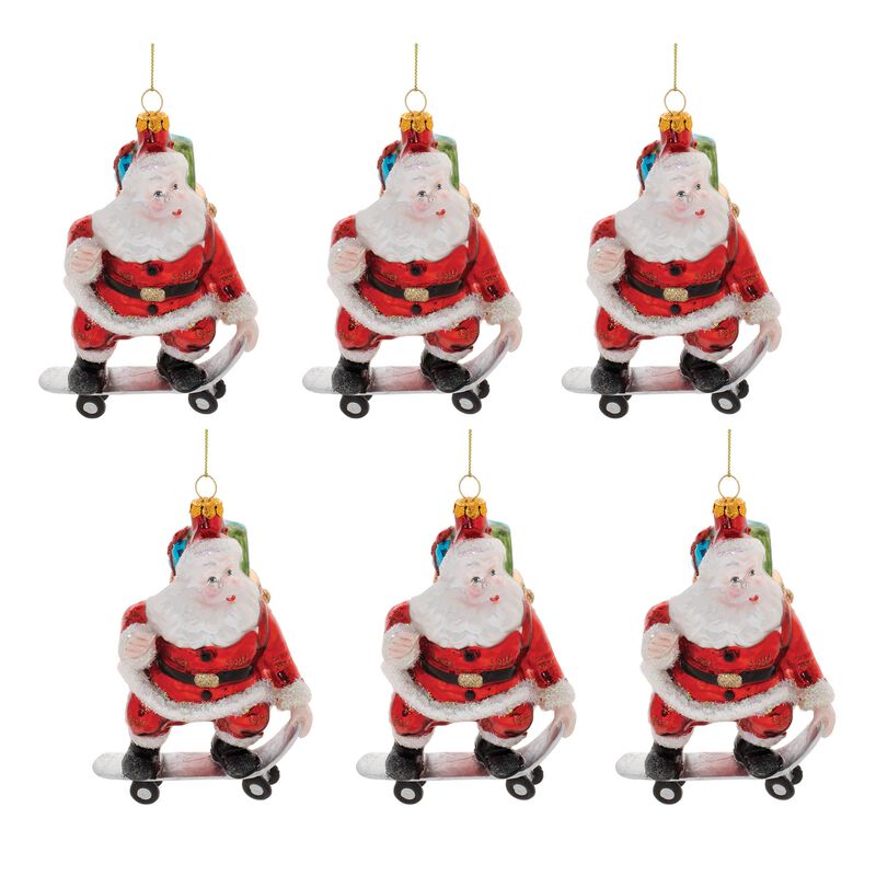 Whimsical Santa on Skateboard Ornaments &ndash; Set of 6 Glass Christmas Decorations for Kids and Fun-Loving Decor