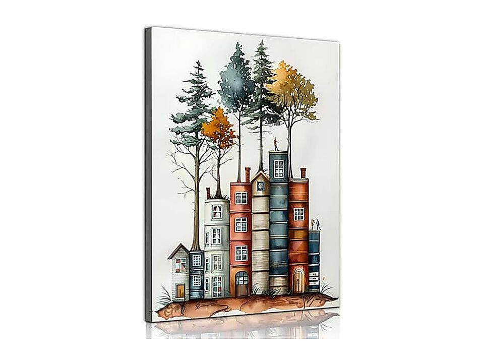 Framed Canvas Wall Art Reading Book Lover 12inx16in Colorful Stacked Houses Tree