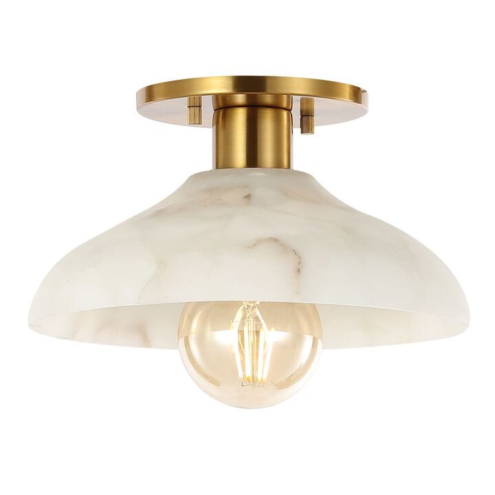 Amara 10" 1-Light Mid-Century Classic Alabaster/Iron LED Semi Flush Mount, White/Brass Gold