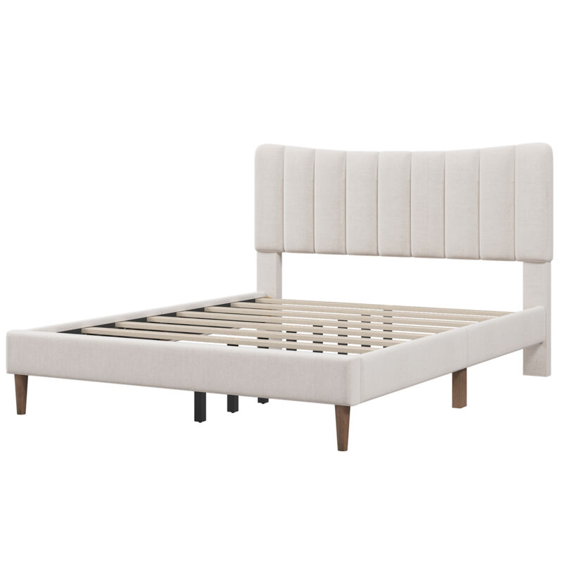 Upholstered Platform Bed Frame with Vertical Channel Tufted Headboard, No Box Spring Needed, Queen