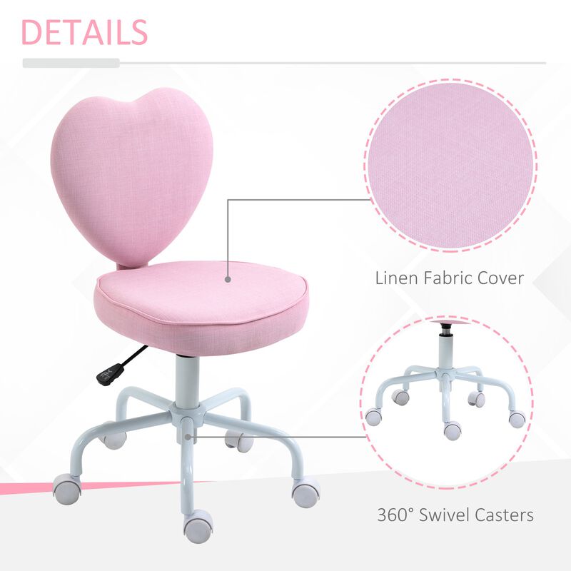 Love Shape Swivel Leisure Chair on Wheels Upholstery Home Office Computer Chair Linen Fabric Vanity Seat for Girls Women