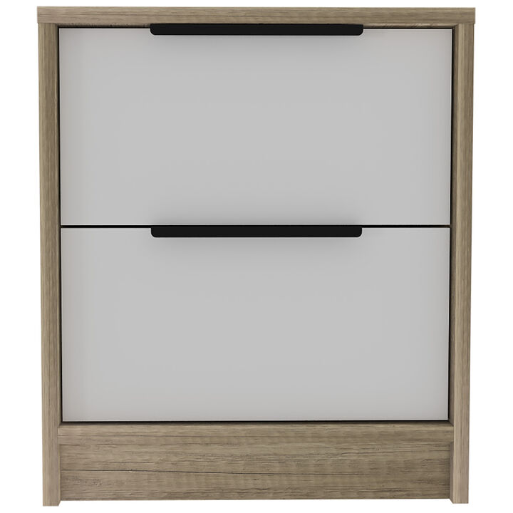 Kaia Nightstand, Two Drawers, Metal Handle -White / Pine