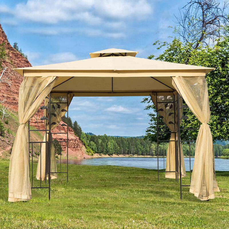 Beige Garden Shelter: 10x10 Steel Frame Gazebo with 2-Tier Roof & Mesh Walls