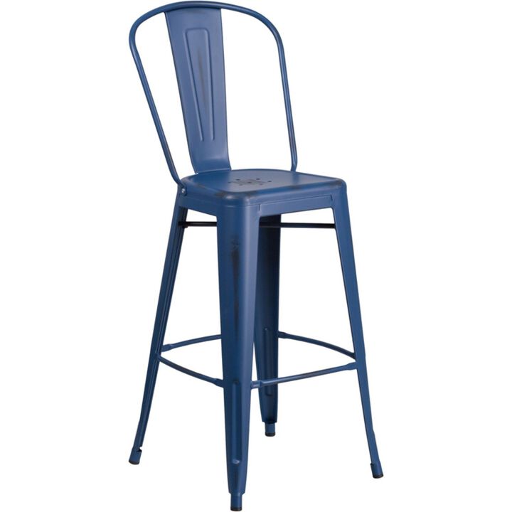 Flash Furniture Commercial Grade 30" High Distressed Antique Blue Metal Indoor-Outdoor Barstool with Back