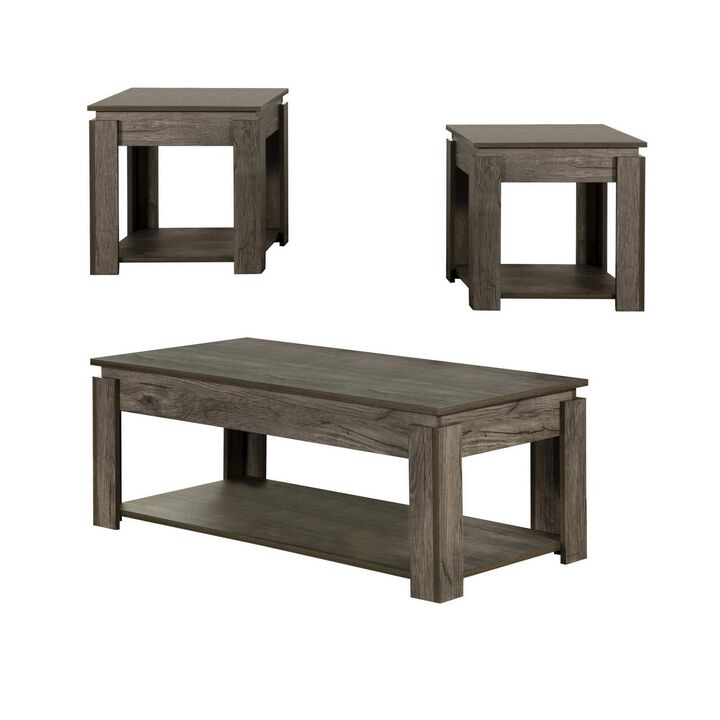 3 Piece Coffee Table and End Table Set with Raised Tops, Weathered Gray-Benzara