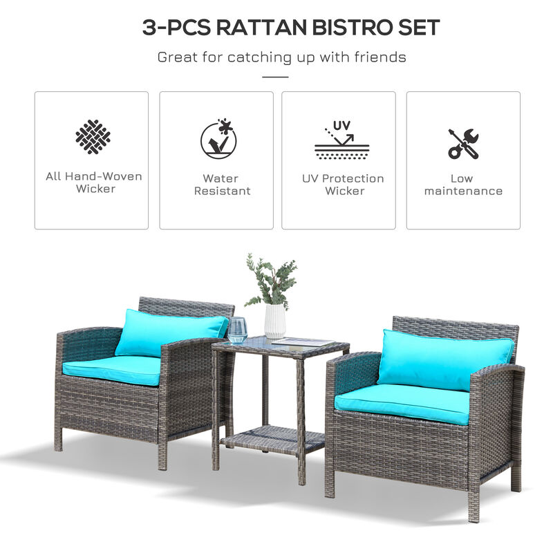 3pc Patio Bistro Set Rattan Wicker Furniture, 2 Armchairs, Table, Shelf, Cream