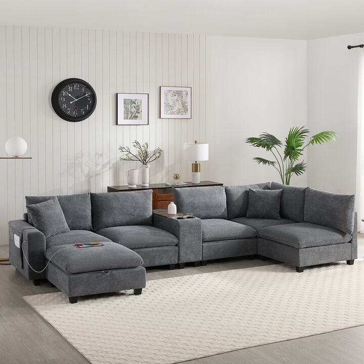 Clihome 140'' Oversized Modular Sectional Sofa with Movable Storage Ottoman and Console,Removable Storage Pockets,Cup Holder,Wide Seat,USB Charger,6 Seat U Shaped Corduroy Couch for Living Room