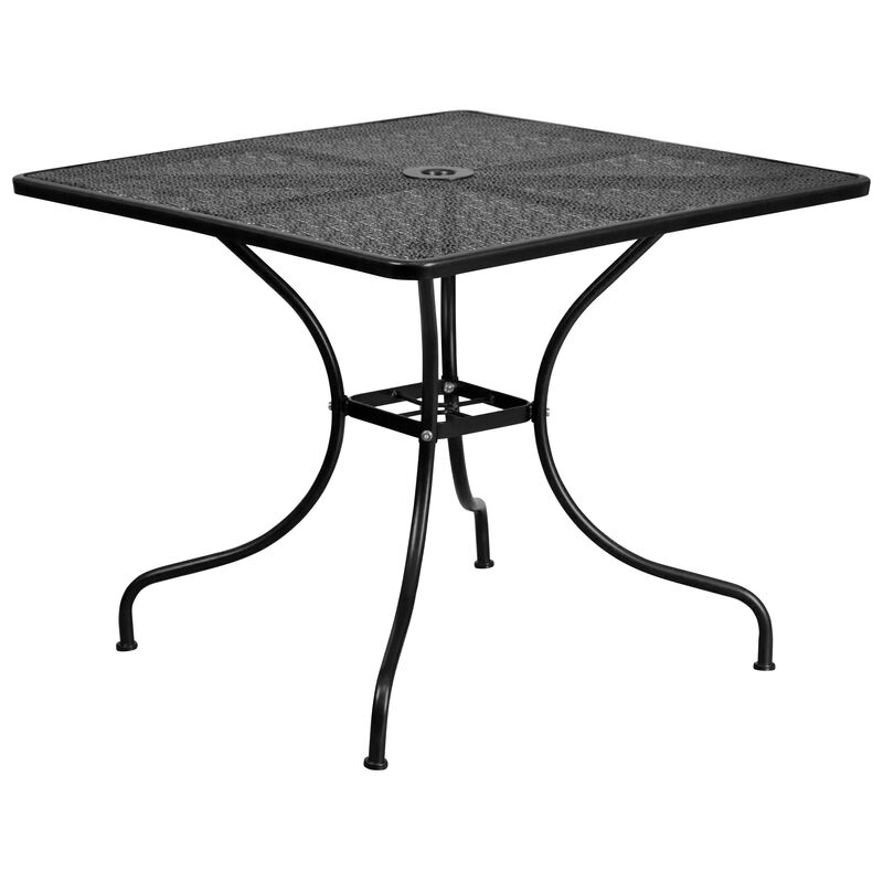 Flash Furniture Oia Commercial Grade 35.5" Square Black Indoor-Outdoor Steel Patio Table Set with 2 Round Back Chairs