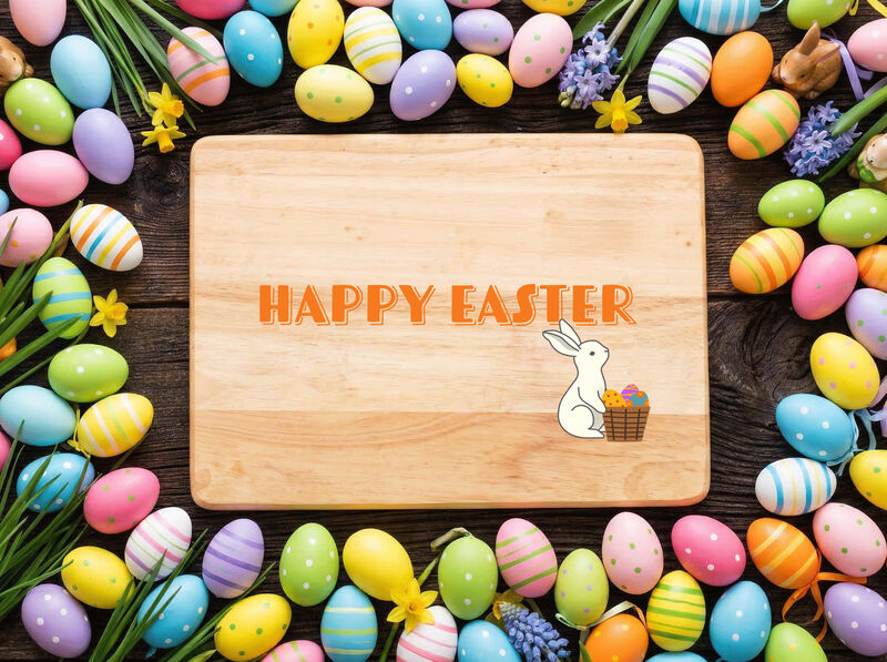 Happy Easter Solid Maple Wood Serving Board Platter - 11" x 16" | Easter Egg Wooden Tokens | Made in the USA image number 1