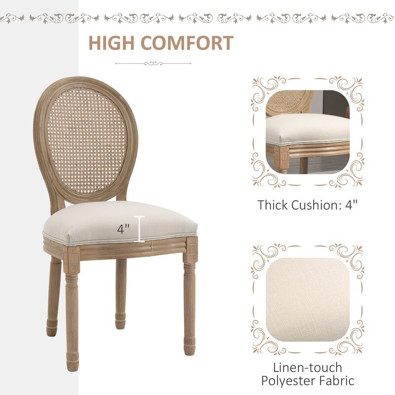 French-Style Upholstered Dining Chair Set, Armless Accent Side Chairs with Rattan Backrest and Linen-Touch Upholstery, Set of 2, Cream White