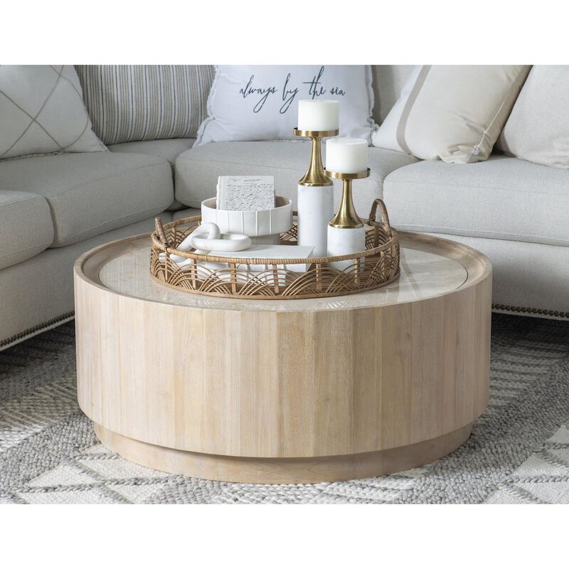 Legacy Classic Biscayne Round Cocktail Table with Travertine Top and Casters
