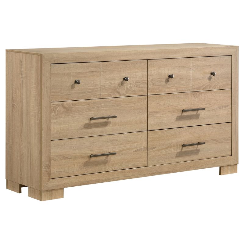 Poxy Wide Dresser with 6 Drawers, Nickel Metal, Oak Brown Wood image number 2
