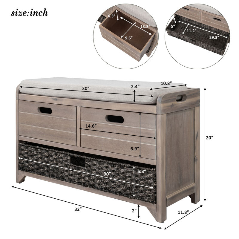 Storage Bench With Removable Basket And 2 Drawers, Fully Assembled Shoe Bench