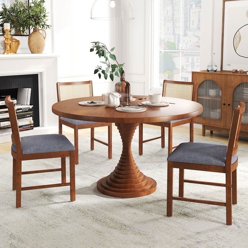 Rattan Dining Chair Set of 2 with Rubber Wood Frame and Linen Fabric Padded Seat