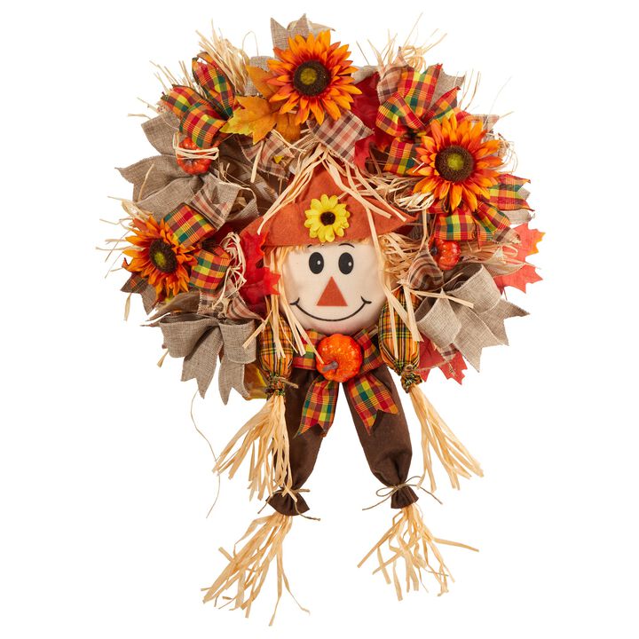 HomPlanti 30" Scarecrow Fall Artificial Autumn Wreath with Sunflower, Pumpkin and Decorative Bows