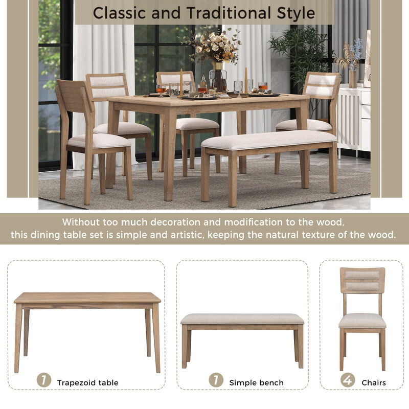 Classic and Traditional Style 6 - Piece Dining Set, Includes Dining Table, 4 Upholstered Chairs & Bench (Natural Wood Wash)