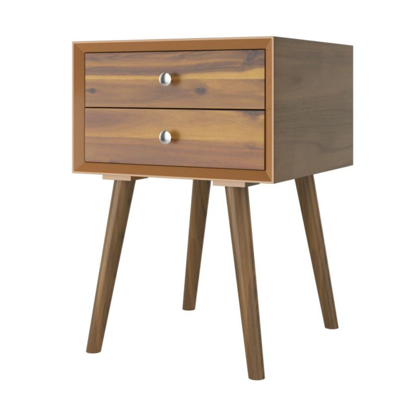 Hivago Wooden Nightstand Mid-Century End Side Table with 2 Storage Drawers