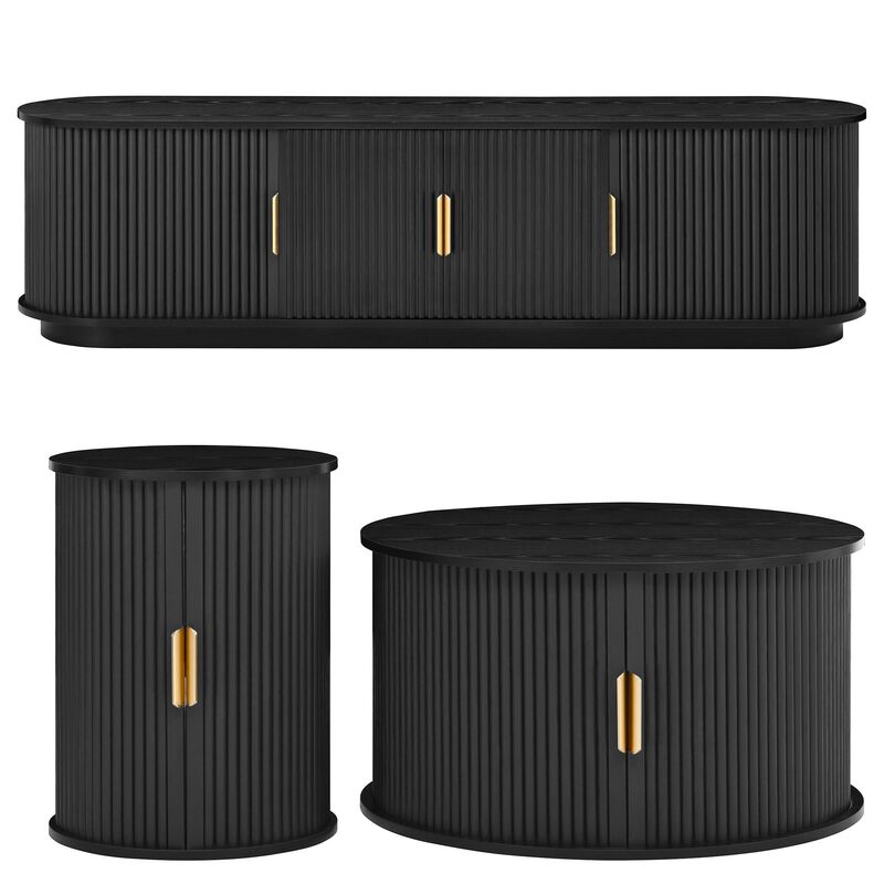 Clihome Wooden TV Stand Coffee Table Set with Fluted Sliding Door for Living Room image number 0