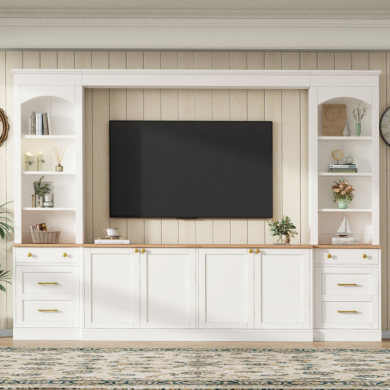 Whisen 106 Inch Farmhouse Entertainment Center with Drawers, Rustic TV Stand & Bookshelf Media Console for Living Room image number 2