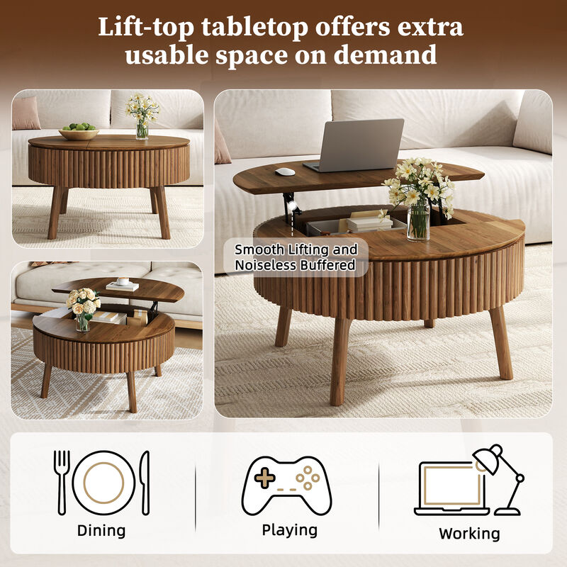 Whisen 30.3" Round Lift-Top Coffee Table, Solid Wood Mid-Century Modern Center Table with Hidden Storage for Living Room image number 6