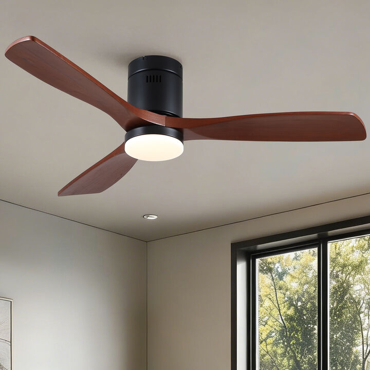 52 inch Matte Black Farmhouse Retro Solid Wood Flush Mount Intergrated LED Ceiling Fan with Light