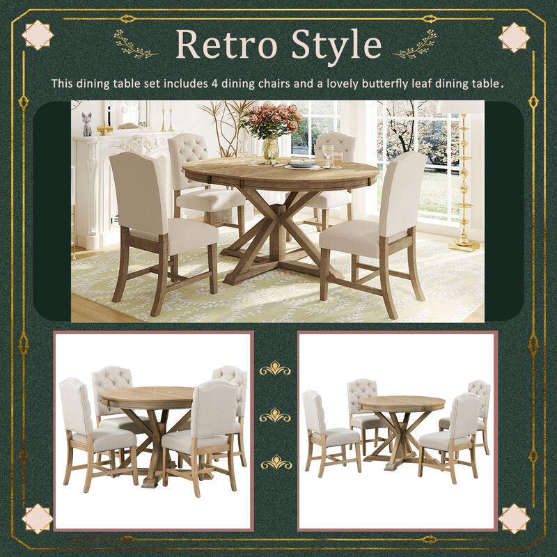 Whisen Retro Style Dining Table Set with Extendable Table and 4 Upholstered Chairs - Off-white