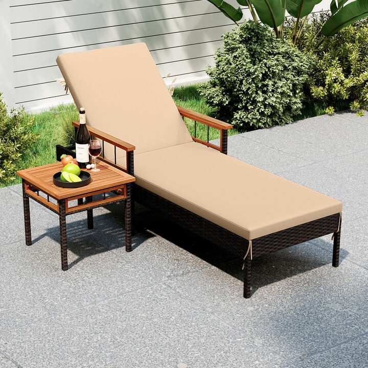 Rattan Patio Chaise Lounge with Adjustable Backrest and Side Table &ndash; Beige