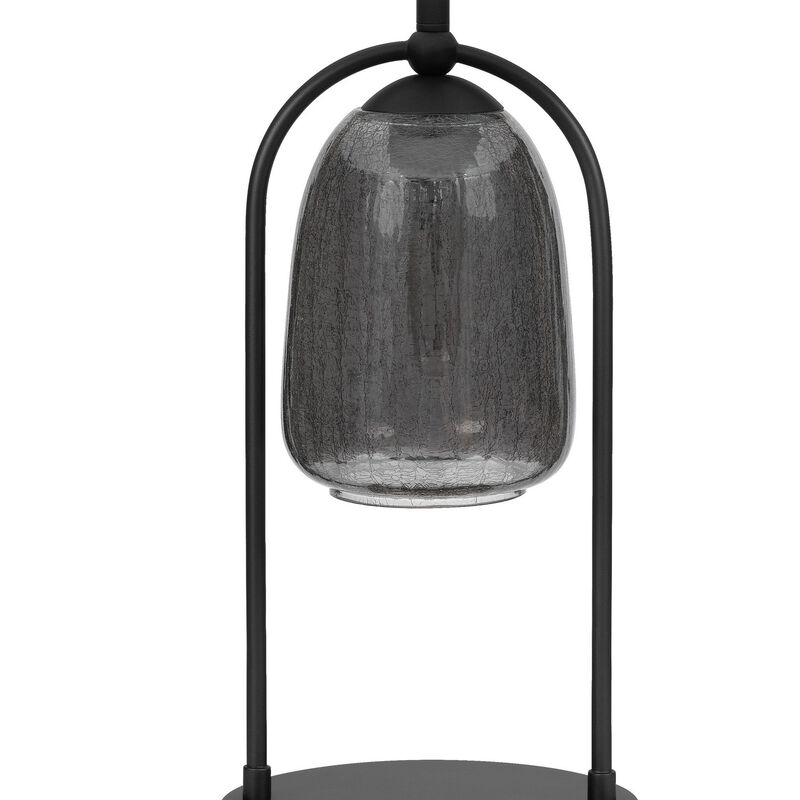 31 Inch Table Lamp, Crackled Black Glass w Night Light, White Shade - Benzara