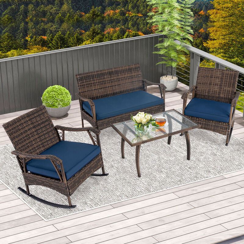 4-Piece Wicker Rocking Set with Bungee Rope Seat – Comfortable Outdoor Chairs for Porch or Yard