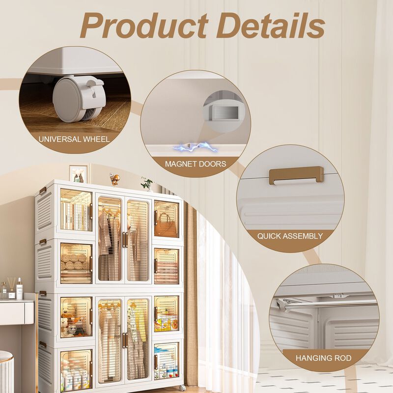Clihome Portable Wardrobe Closet Organizer, 12 Cubes, 12 Magnetic Doors, Hanging Rods, Hangers image number 3