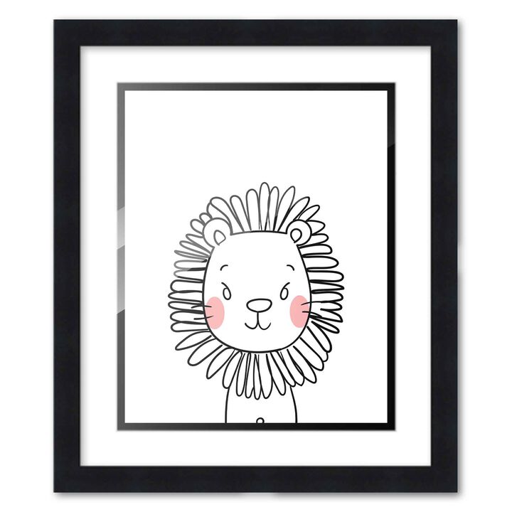 8x10 Framed Nursery Wall Art Black & White Lion Poster with White Mat in a 10x12 Black Wood Frame