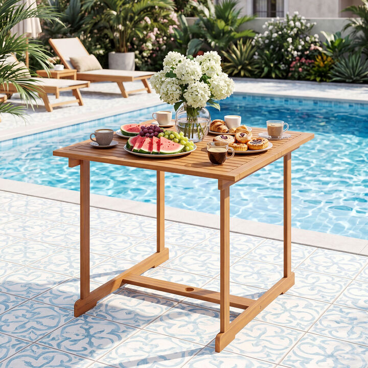 Outdoor Dining Table for 4 Acacia Wood with Umbrella Hole and Crossbar