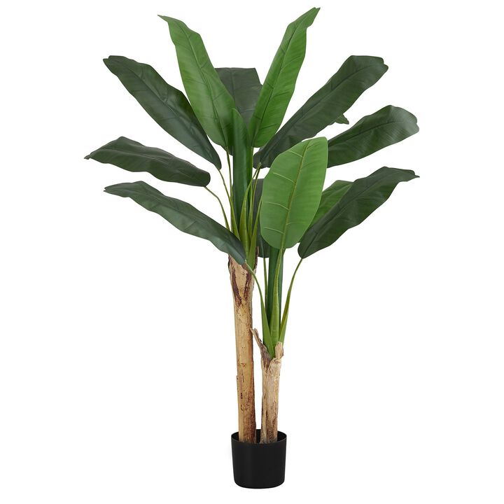 Monarch Specialties I 9568 - Artificial Plant, 55" Tall, Banana Tree, Indoor, Faux, Fake, Floor, Greenery, Potted, Real Touch, Decorative, Green Leaves, Black Pot