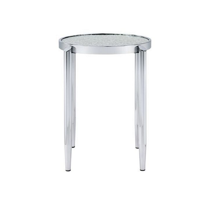 End Table with Tubular Rounded Legs and Frosted Glass Top, Silver-Benzara