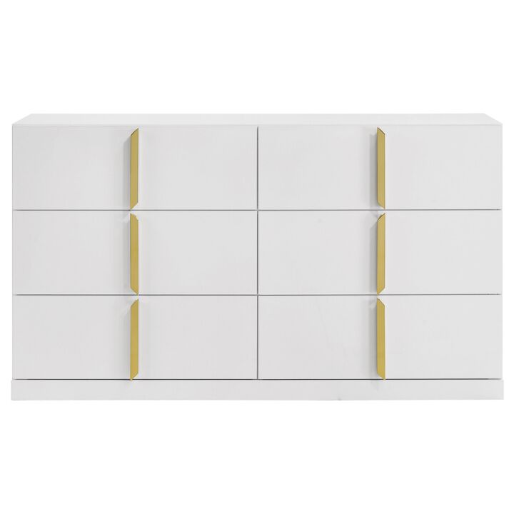 Orion Wide Dresser with 6 Drawers, Gold Handles, Glossy White Wood