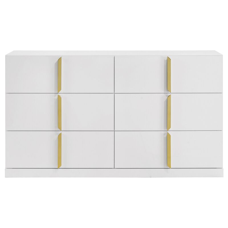 Orion Wide Dresser with 6 Drawers, Gold Handles, Glossy White Wood image number 0