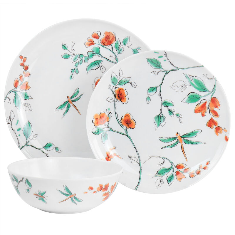 Martha Stewart 12 Piece Dragonfly Melamine Dinnerware Set in White