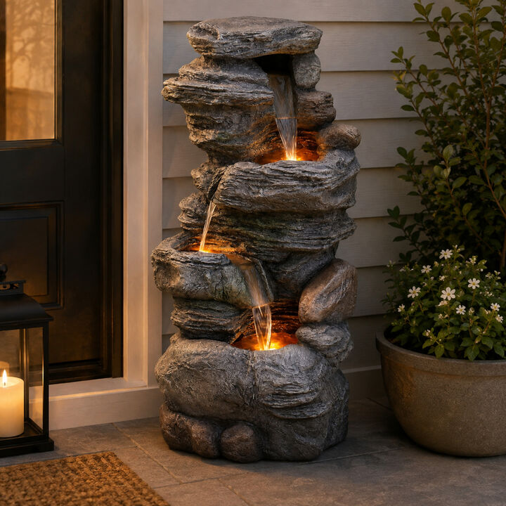 Outdoor Faux Stone 4-Tier Water Fountain with LED, Gray