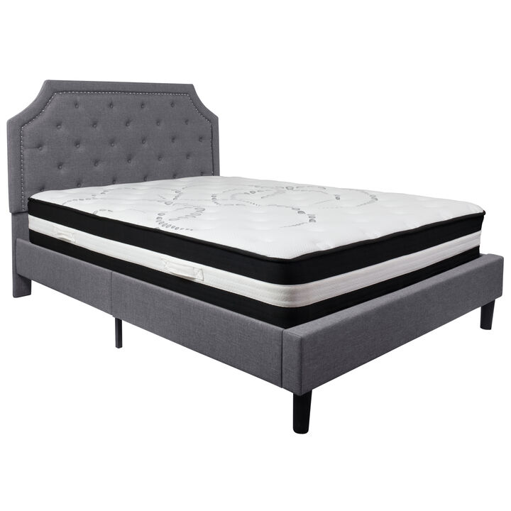 Brighton Queen Size Tufted Upholstered Platform Bed in Light Gray Fabric with Pocket Spring Mattress