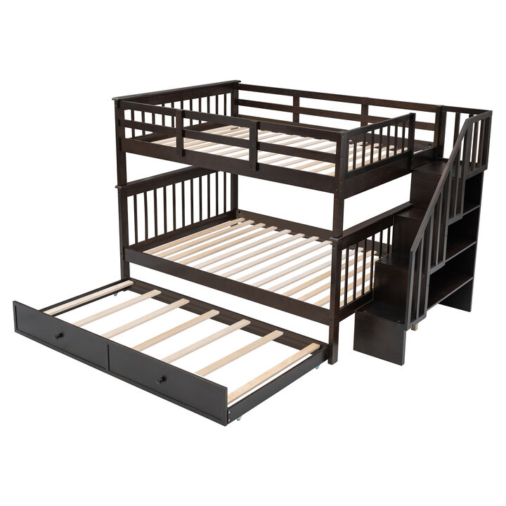 Merax Full over Full Wooden Bunk Bed with Stair Storage + Twin Trundle Bed