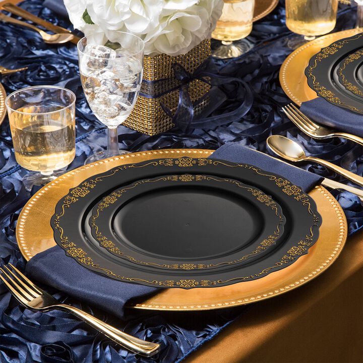 Black with Gold Vintage Rim Round Plastic Wedding Value Set (30 Sets)
