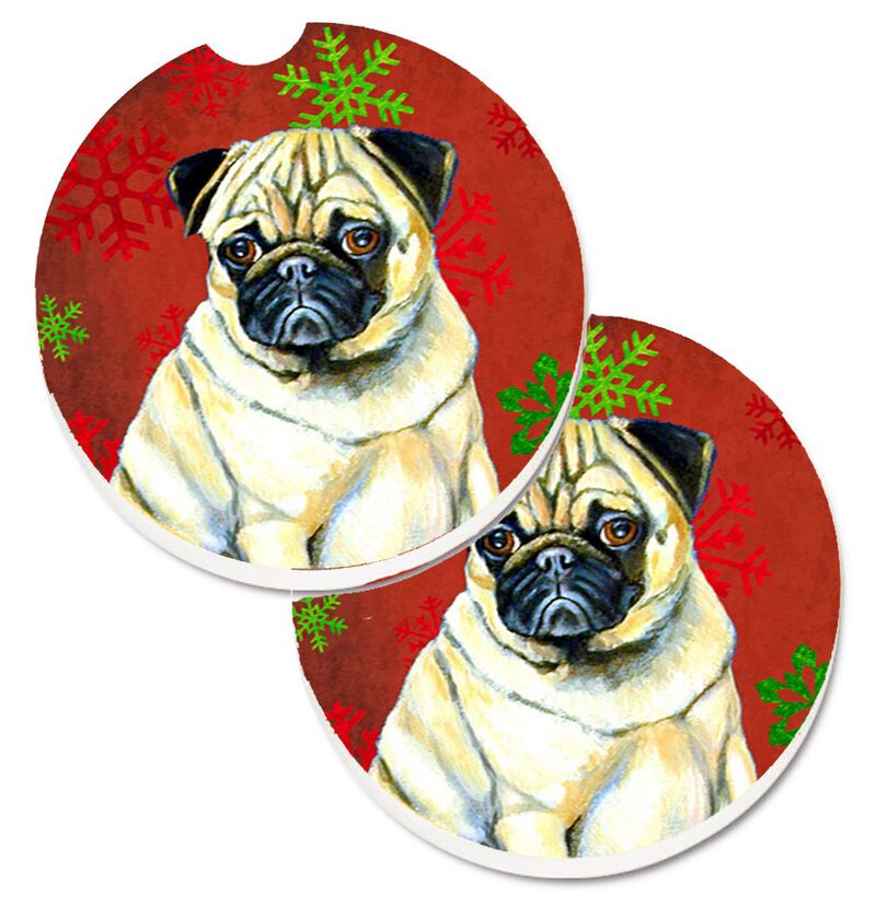 Caroline's Treasures Pug Red & green Snowflakes Holiday Christmas Set of 2 Cup Holder Car Coasters LH9342CARC, 2.56, Multicolor image number 0