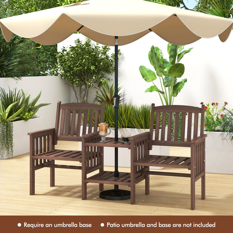 Outdoor Fir Wood Loveseat with 2-Tier Side Table and Umbrella Hole